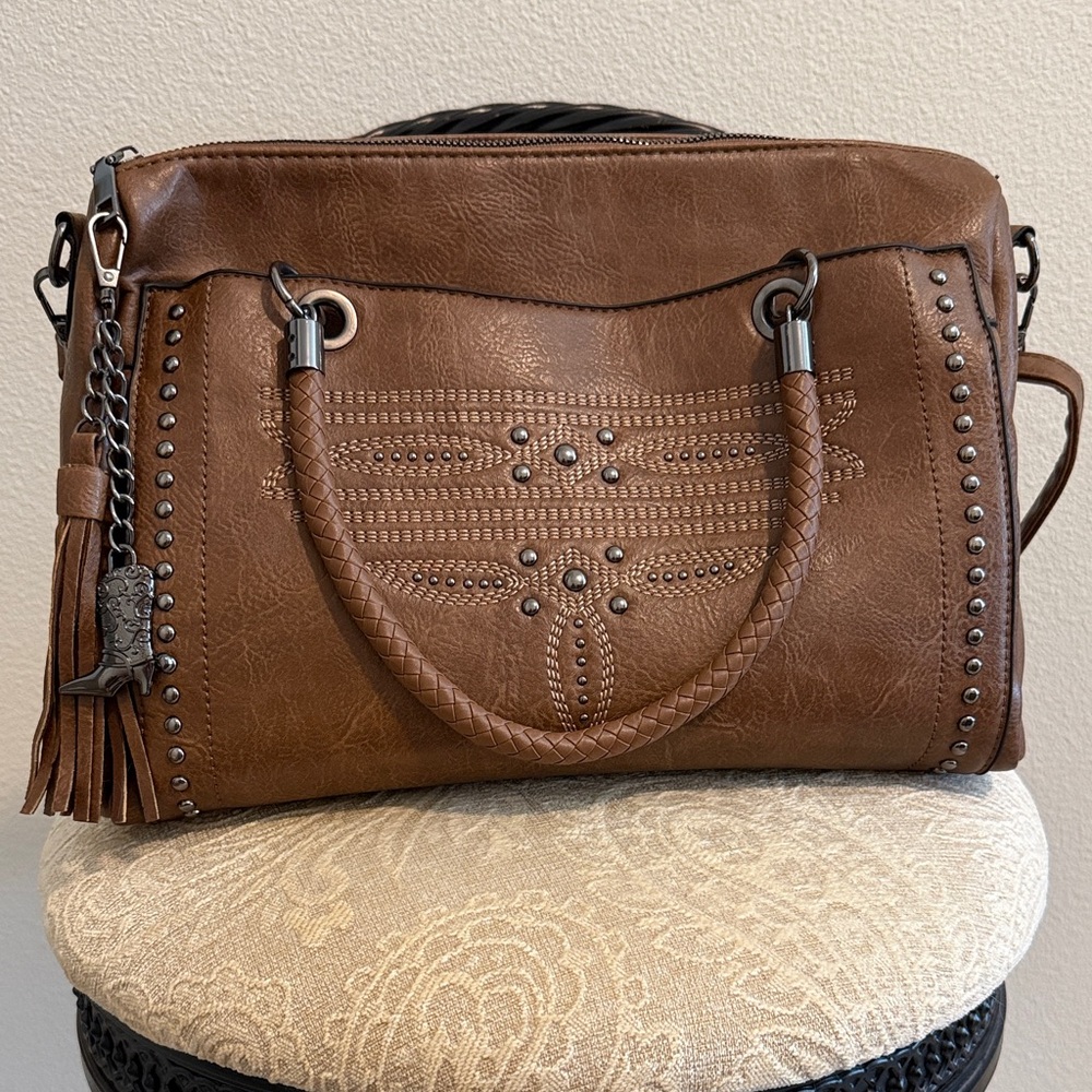 Sam & Hadley Braided Handle Brown Satchel with Stud Detailing